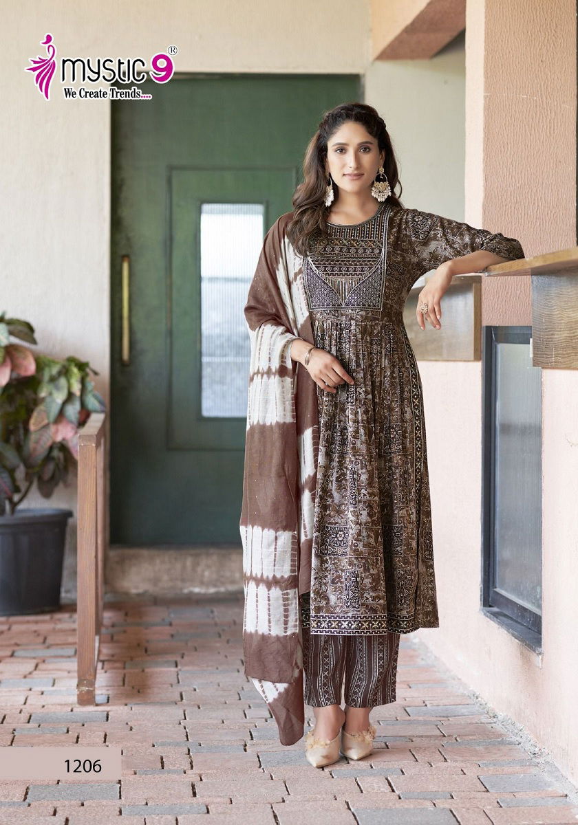 Sara Vol 12 By Mystic 9 Naira Cut Foil Printed Kurti With Bottom Dupatta Wholesale Market In Surat
